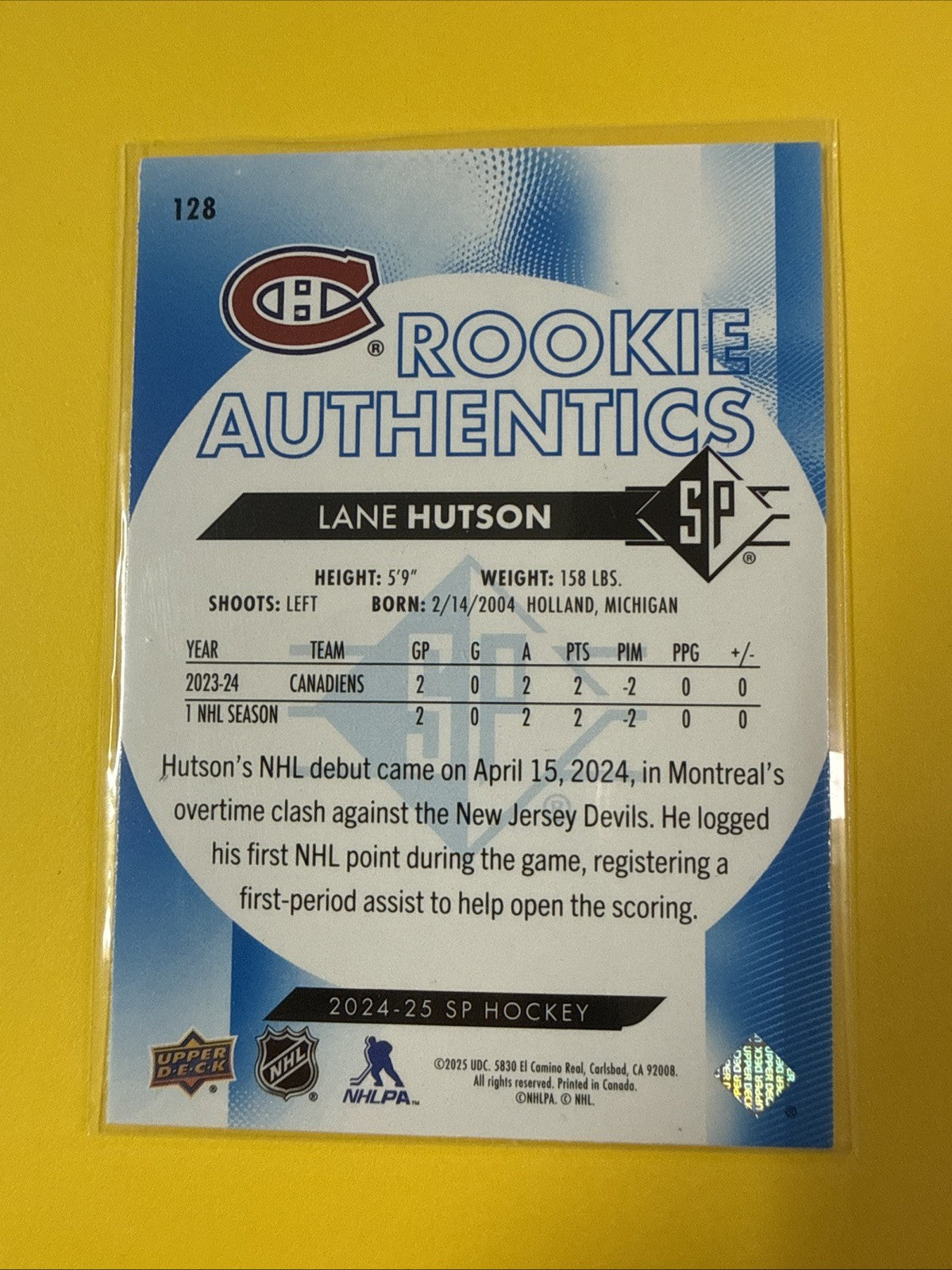 Lane Hutson 2024/25 SP Authentic Rookie Blue Card - back