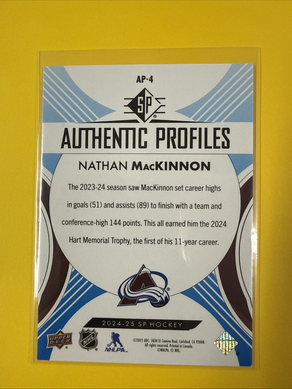 Nathan MacKinnon 2024/25 SP Authentic Profiles Card - back