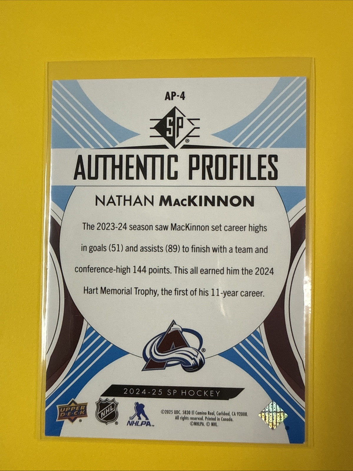 Nathan MacKinnon 2024/25 SP Authentic Profiles Card - back