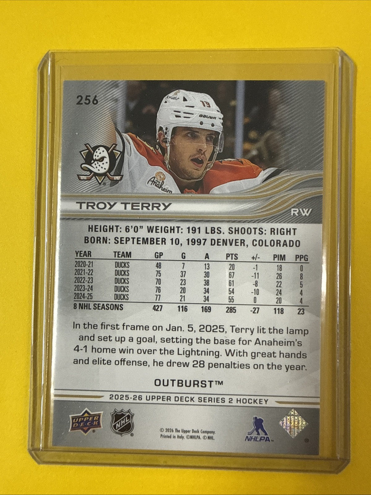 Troy Terry 2025/26 UD Outburst Card #256 - back