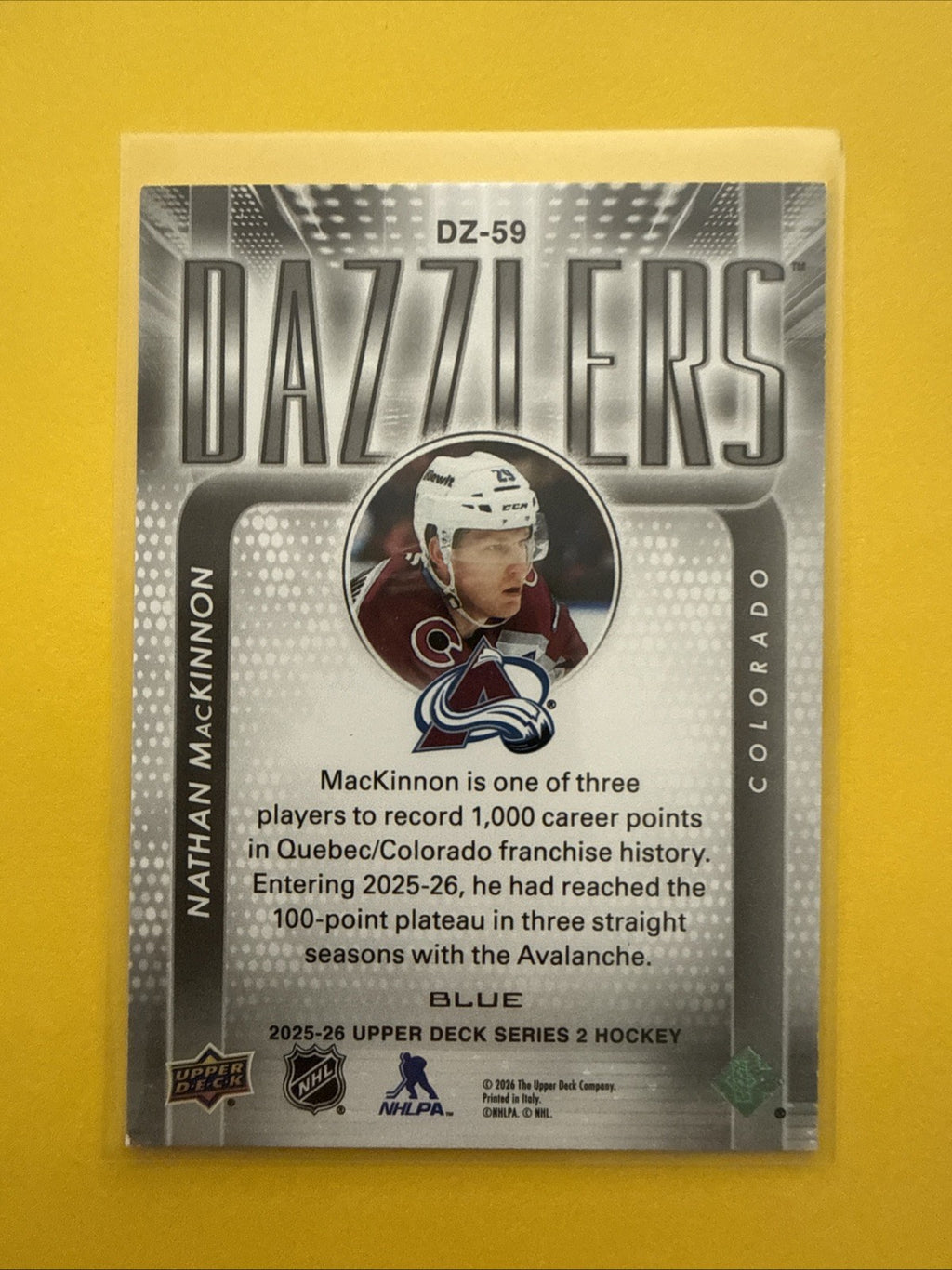 Nathan MacKinnon . 2025/26 UD Blue Dazzlers Card - back