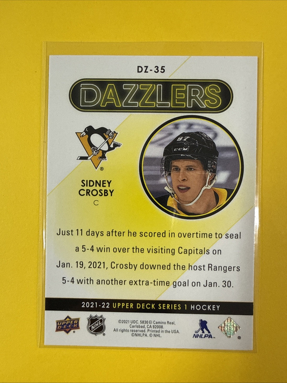 Sidney Crosby 2021/22 UD Blue Dazzlers Card - back