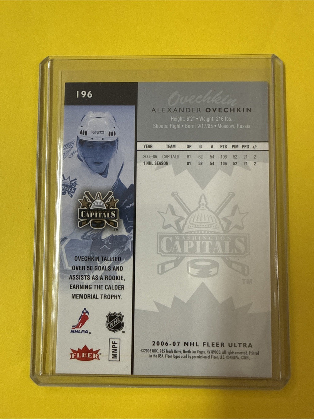 Alexander Ovechkin 2006 Hockey Card - back