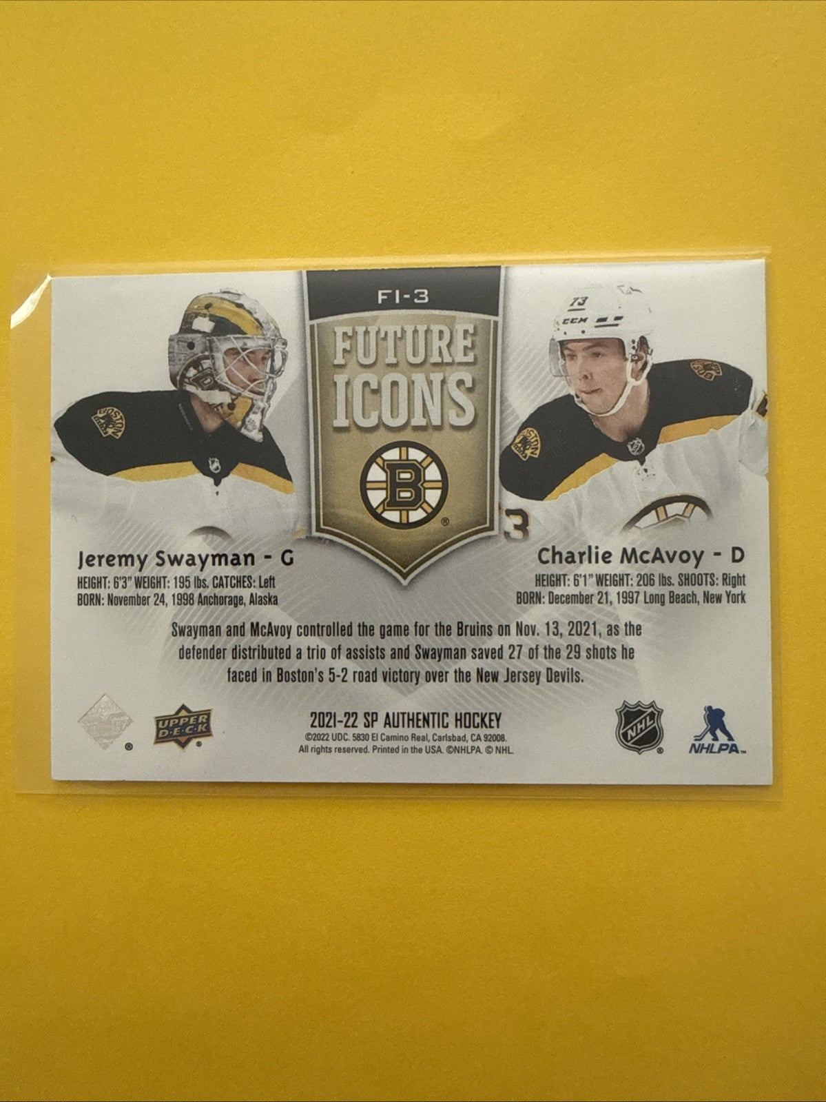 Jeremy Swayman / Charlie Mcavoy 2022/23 SP Authentic Future Icons 191/399 - back