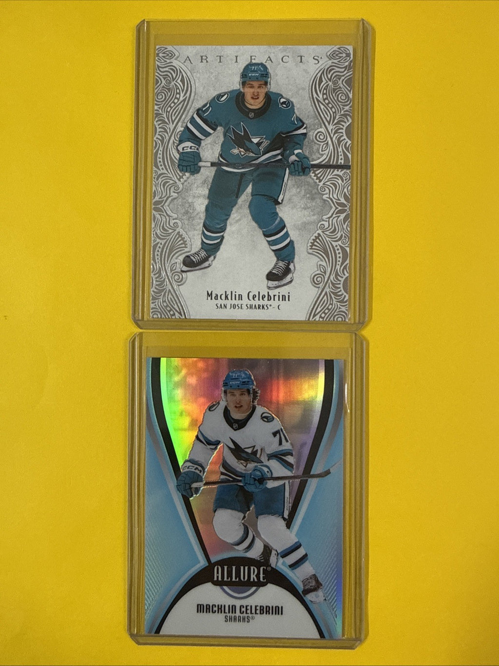 Macklin Celebrini 2025/26 Artifacts + Allure 2 Hockey Cards - front