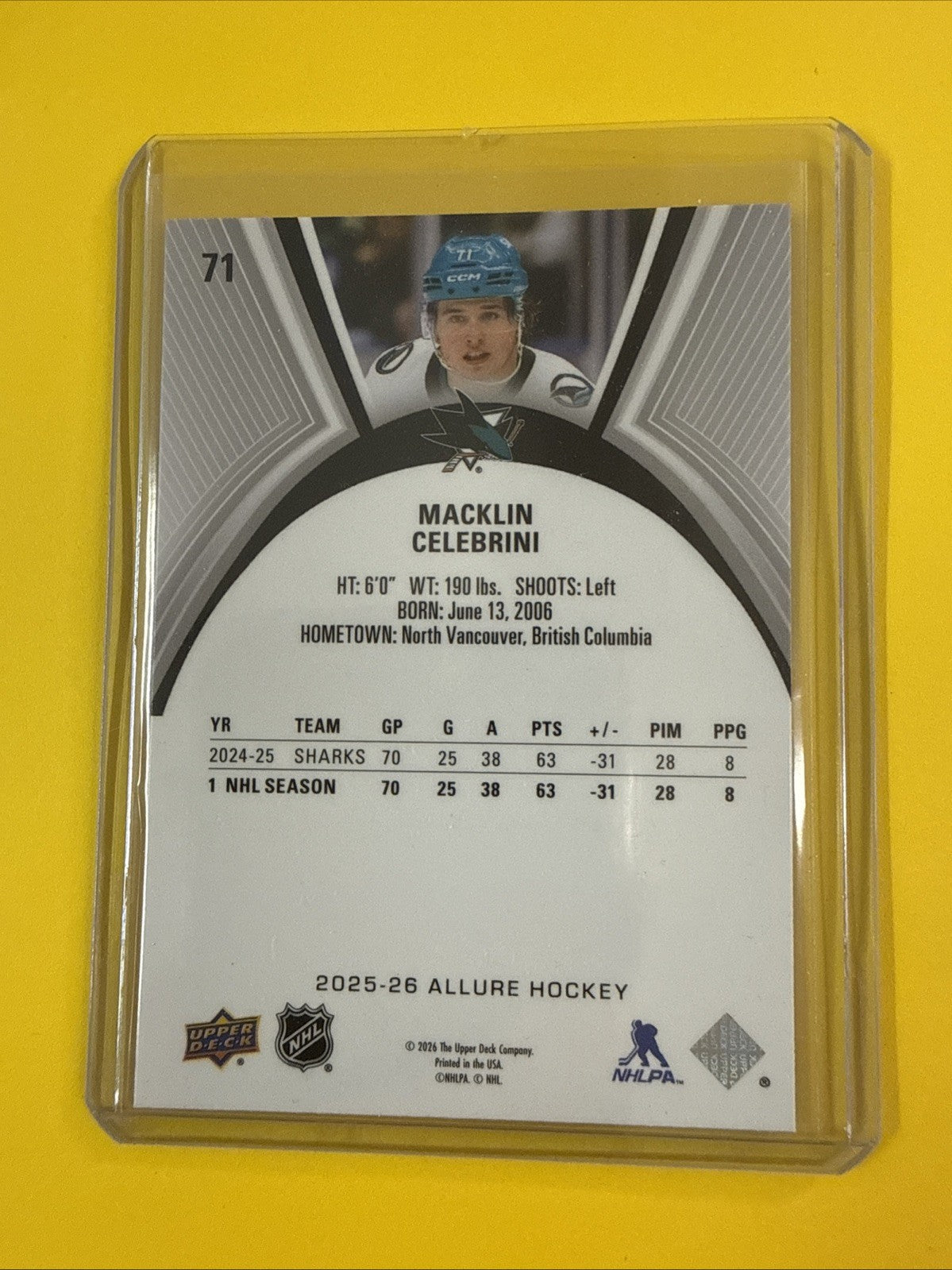 Macklin Celebrini 2025/26 Allure Hockey Card - back