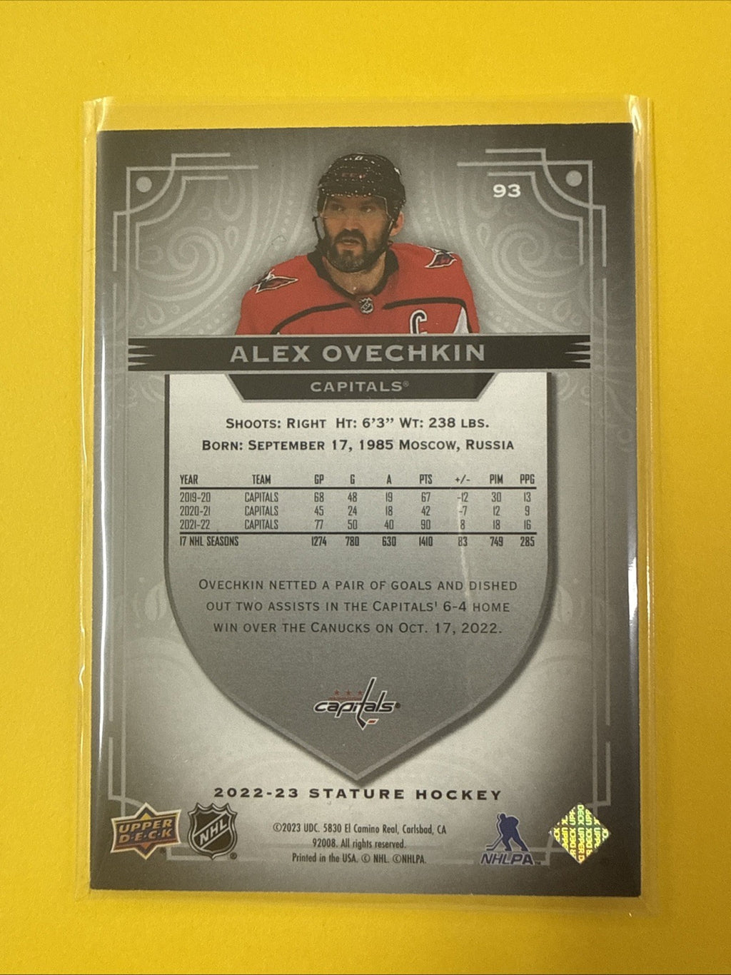 Alex Ovechkin 2022/23 Stature Hockey Card - back