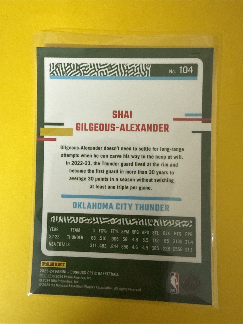 Shai Gilgeous Alexander 2023/24 Panini Optic Chrome Card - back