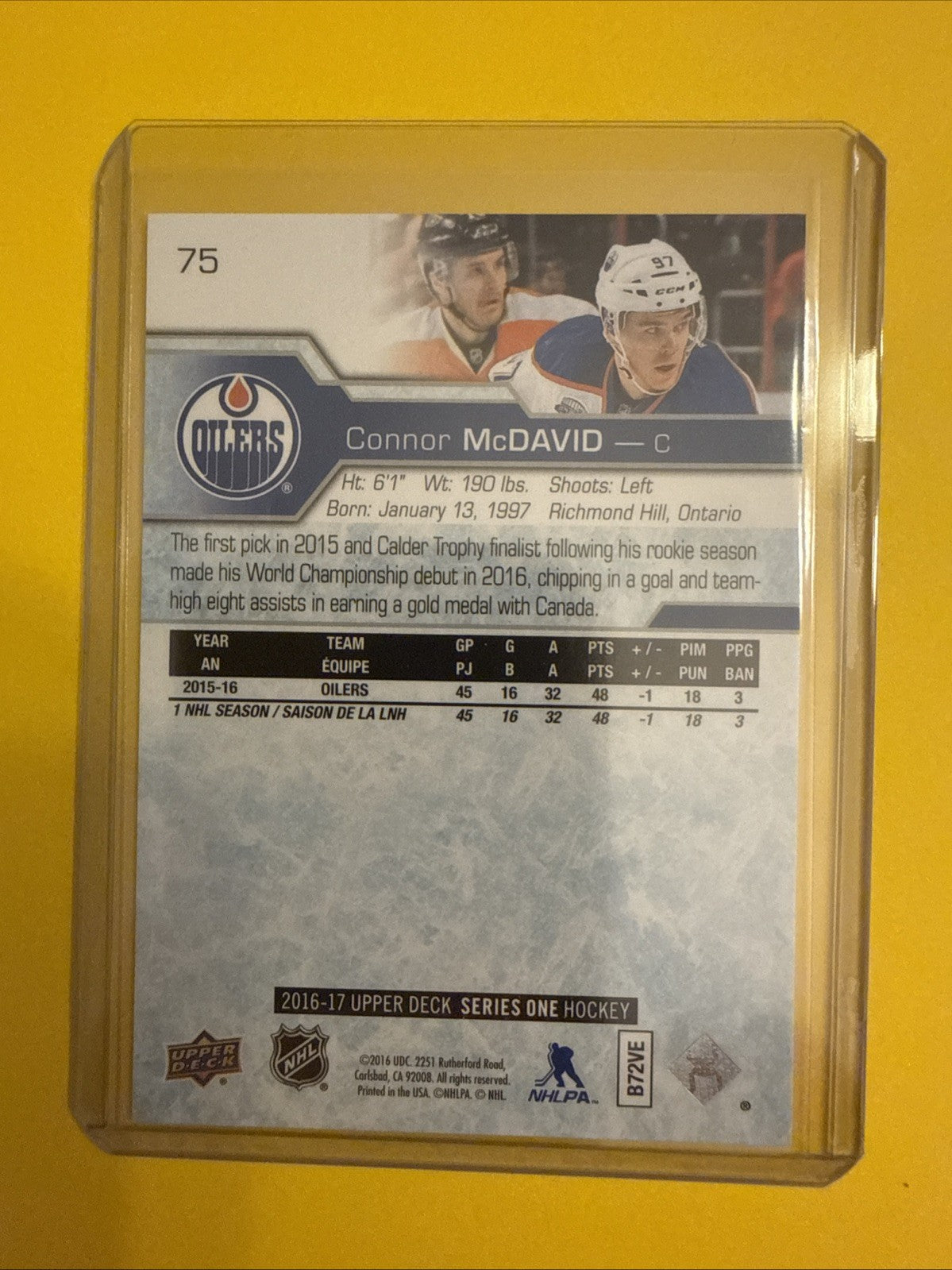 Connor McDavid 2016/17 UD Series One 2nd Year Card - back