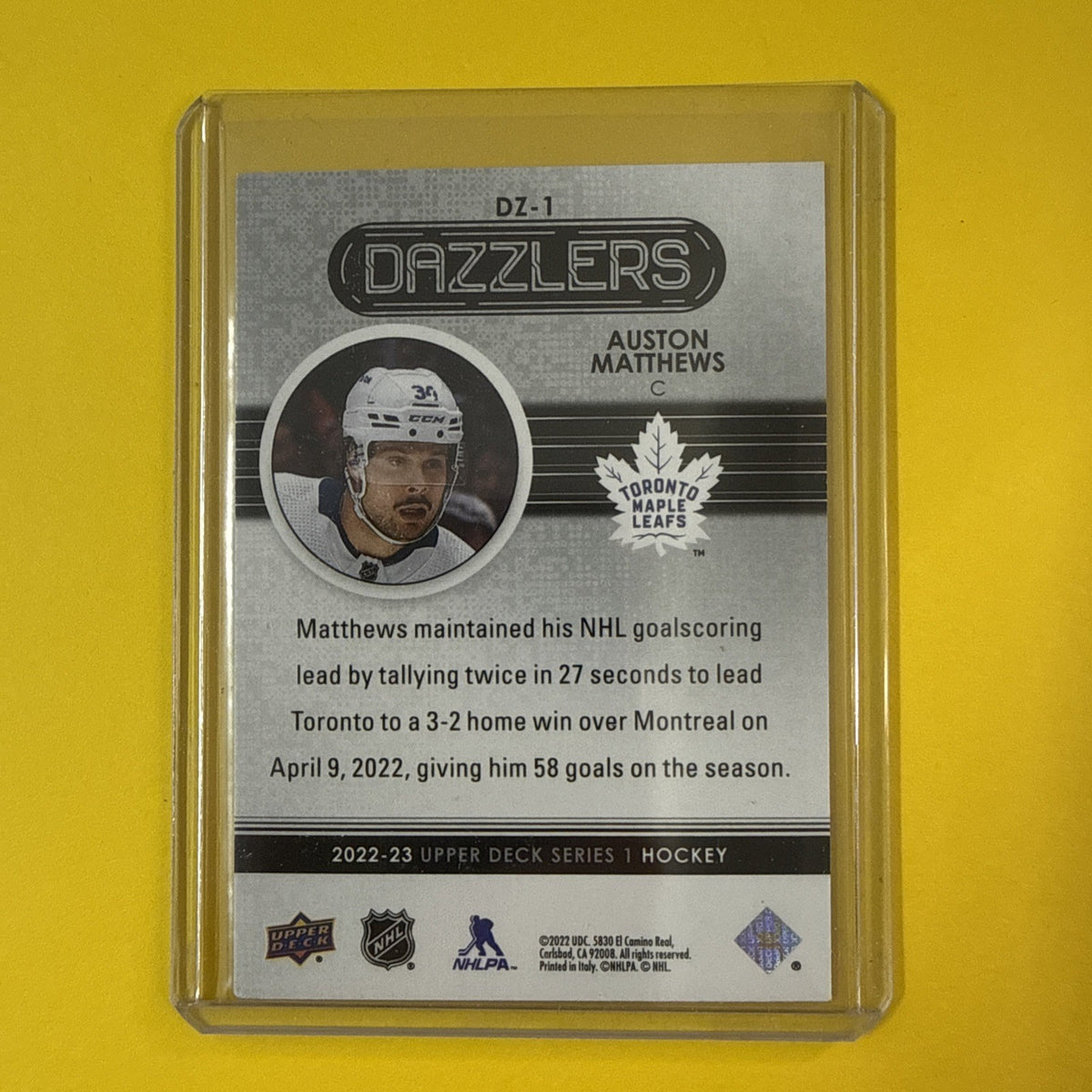 Auston Matthews 2022/23 UD Blue Dazzlers Card - back