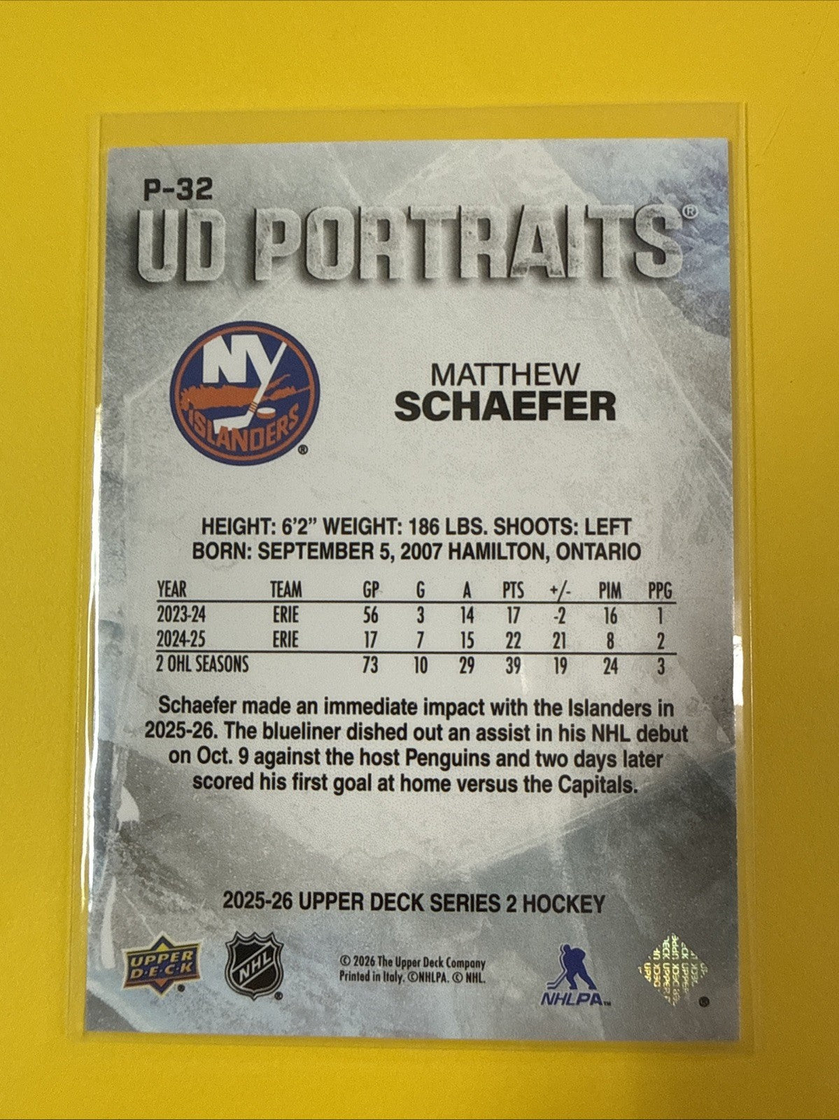 2025-26 Upper Deck Series 2 UD Portraits Matthew Schaefer - back