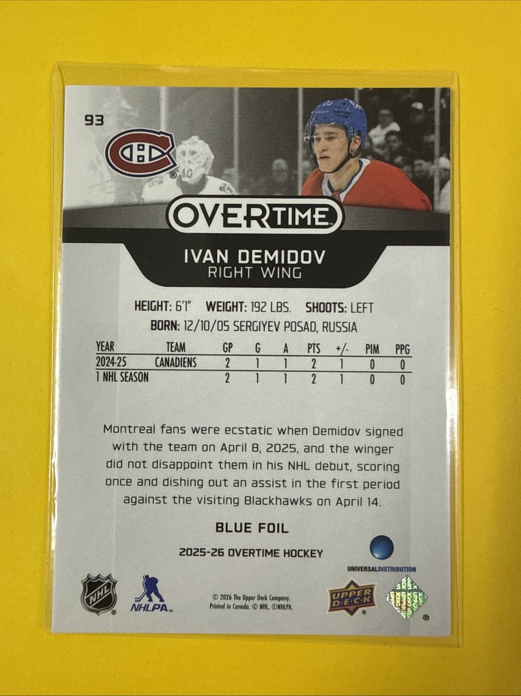 Overtime 2025/26 Blue Foil Ivan Demidov Rookie Card - back