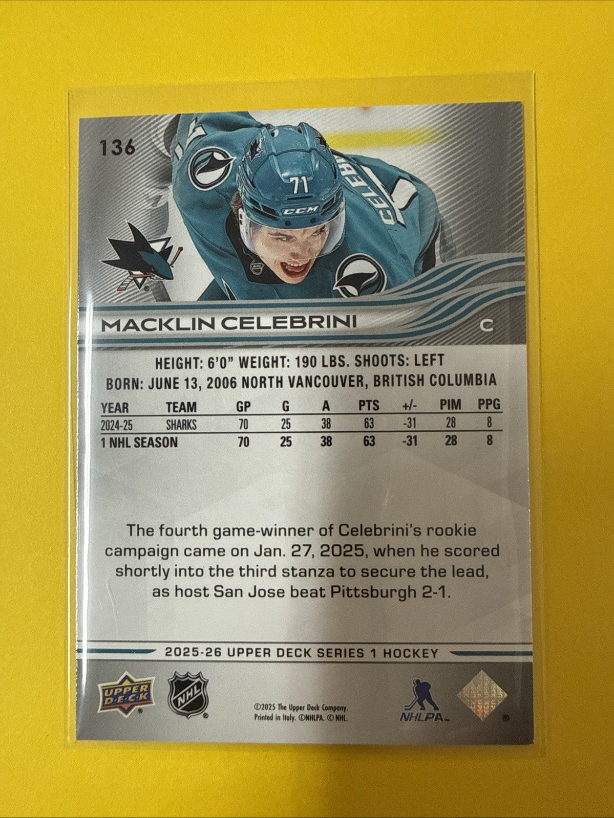 Macklin Celebrini 2025/26 UD Series One Card - back