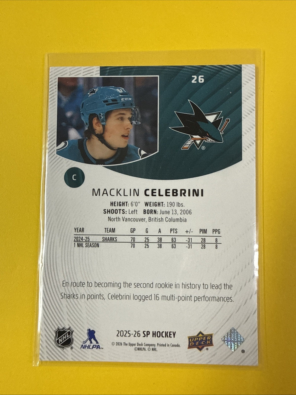 Macklin Celebrini 2025/26 SP Authentic Hockey Card - back