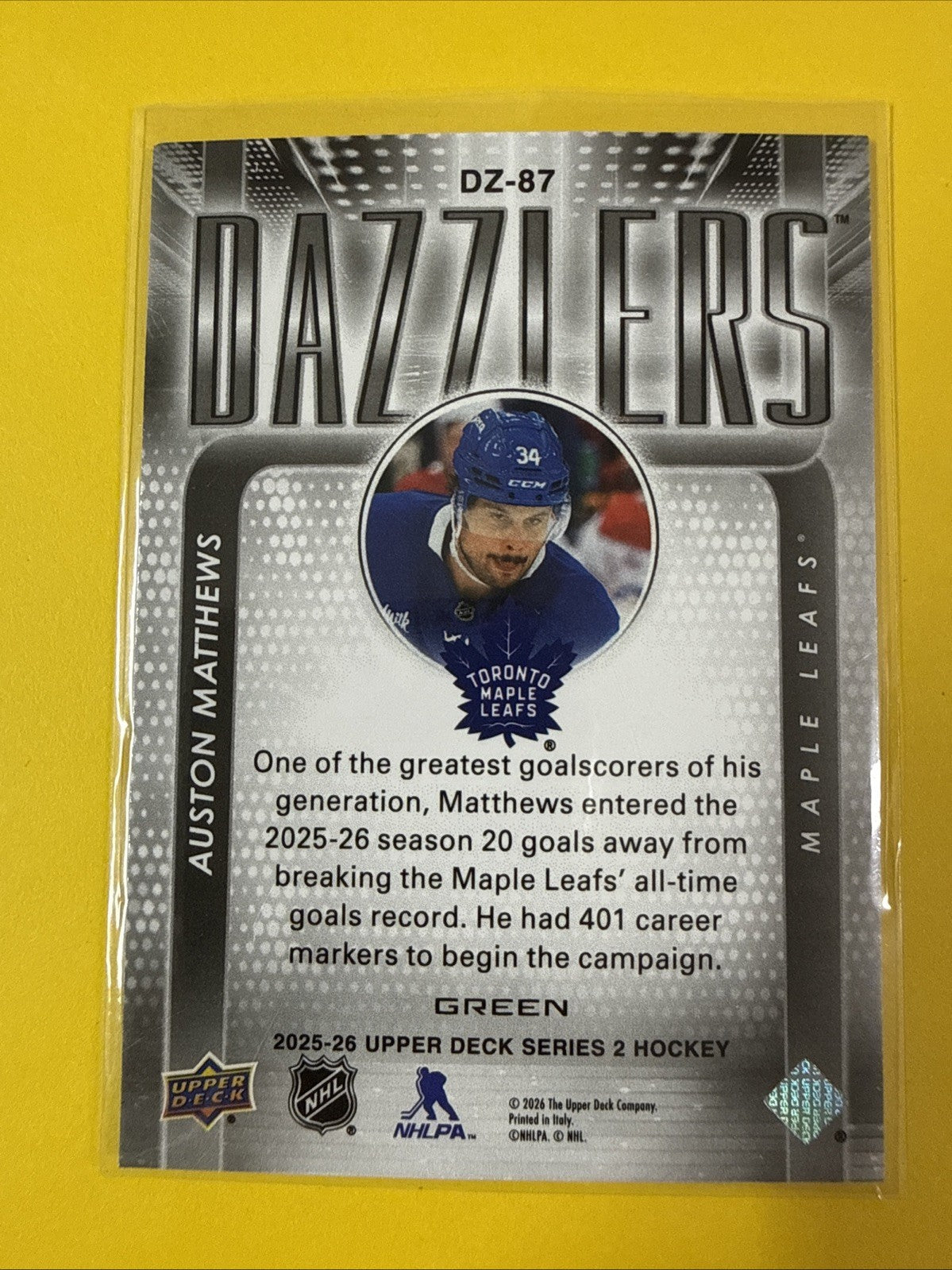 Auston Matthews 2025/26 UD Series 2 Green Dazzlers - back