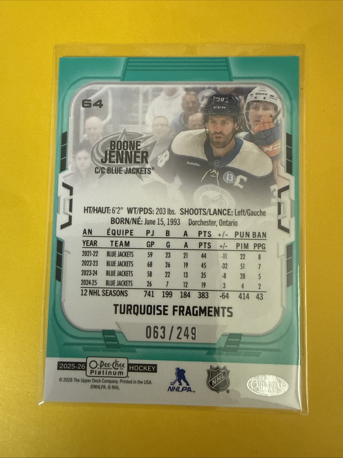 Boone Jenner 2025/26 O Pee Chee Platinum Turquoise Fragments Card 063/249 - back