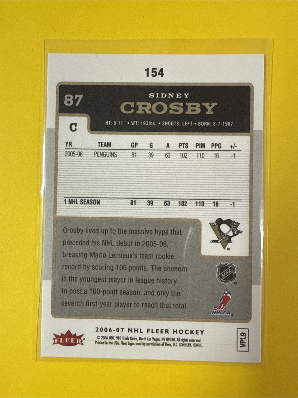 Sidney Crosby 2006/07 NHL Fleer Card - back