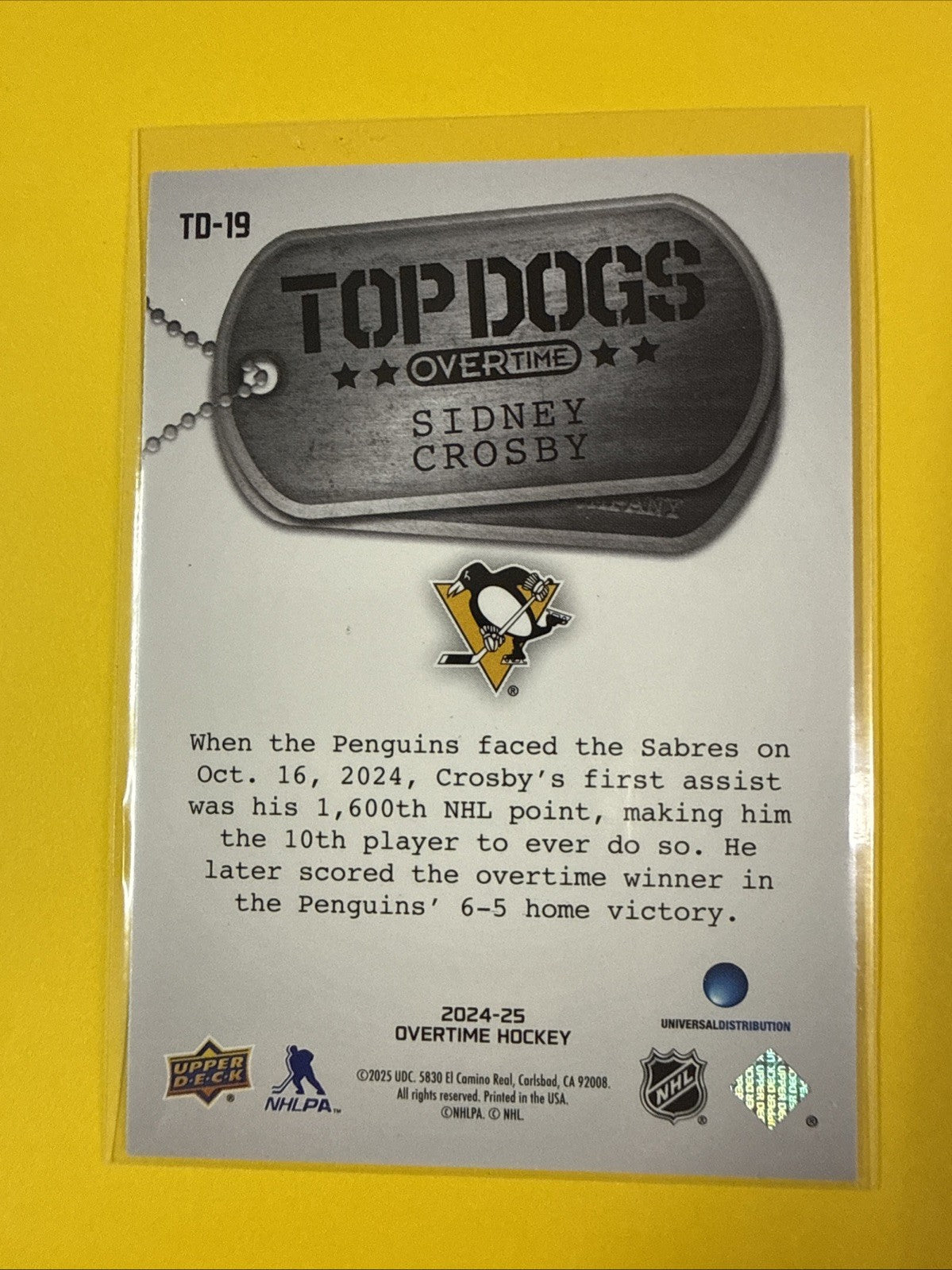 Sidney Crosby 2024/25 Overtime Top Dogs Card - back