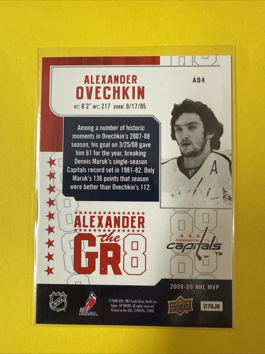 Alexander Ovechkin 2008 Card - back
