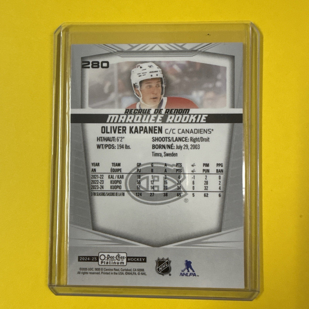 Oliver Kapanen 2024/25 O Pee Chee Platinum Rookie Card - back