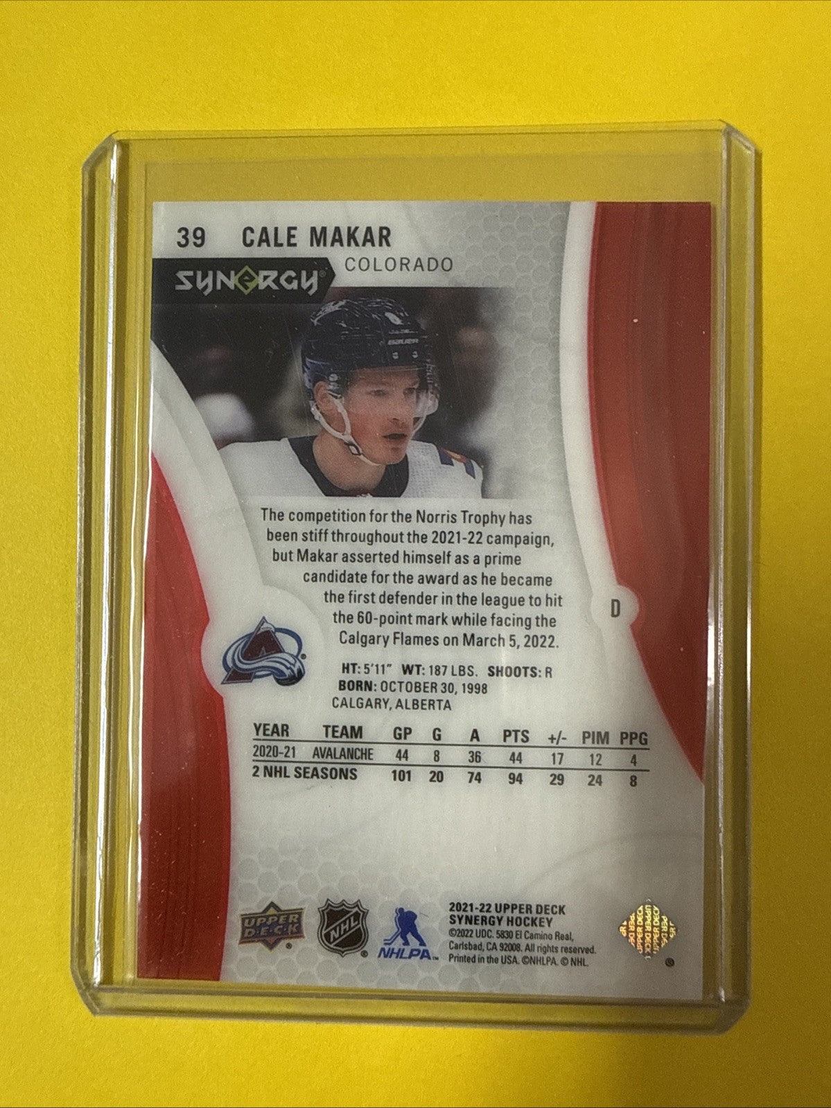 Cale Makar 2021/22 Synergy Card - back