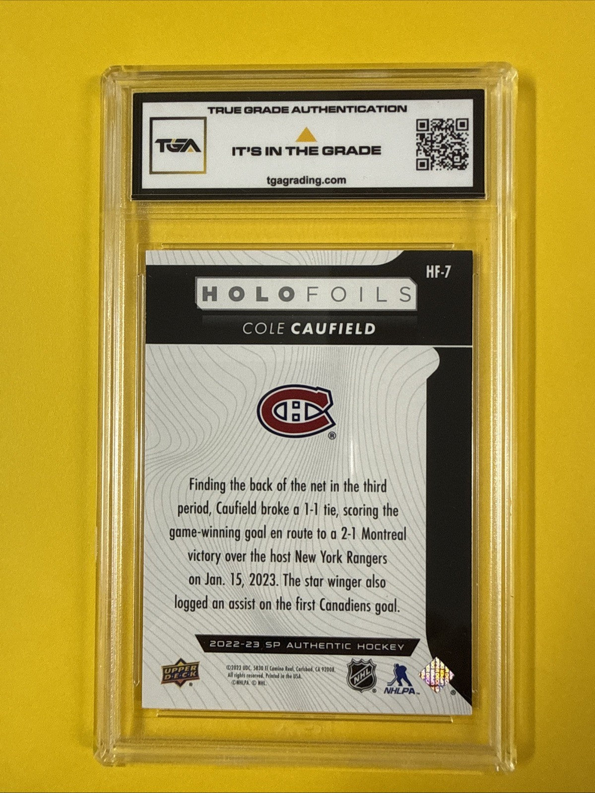 Cole Caufield 2022 SP Authentic Holofoils Card Graded 8 - back