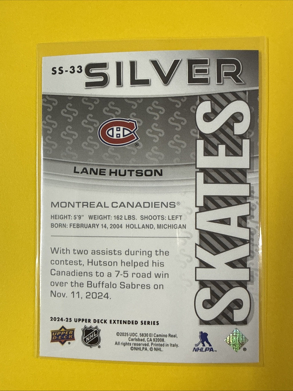 Lane Hutson 2024/25 UD Silver Skates Rookie Card - back
