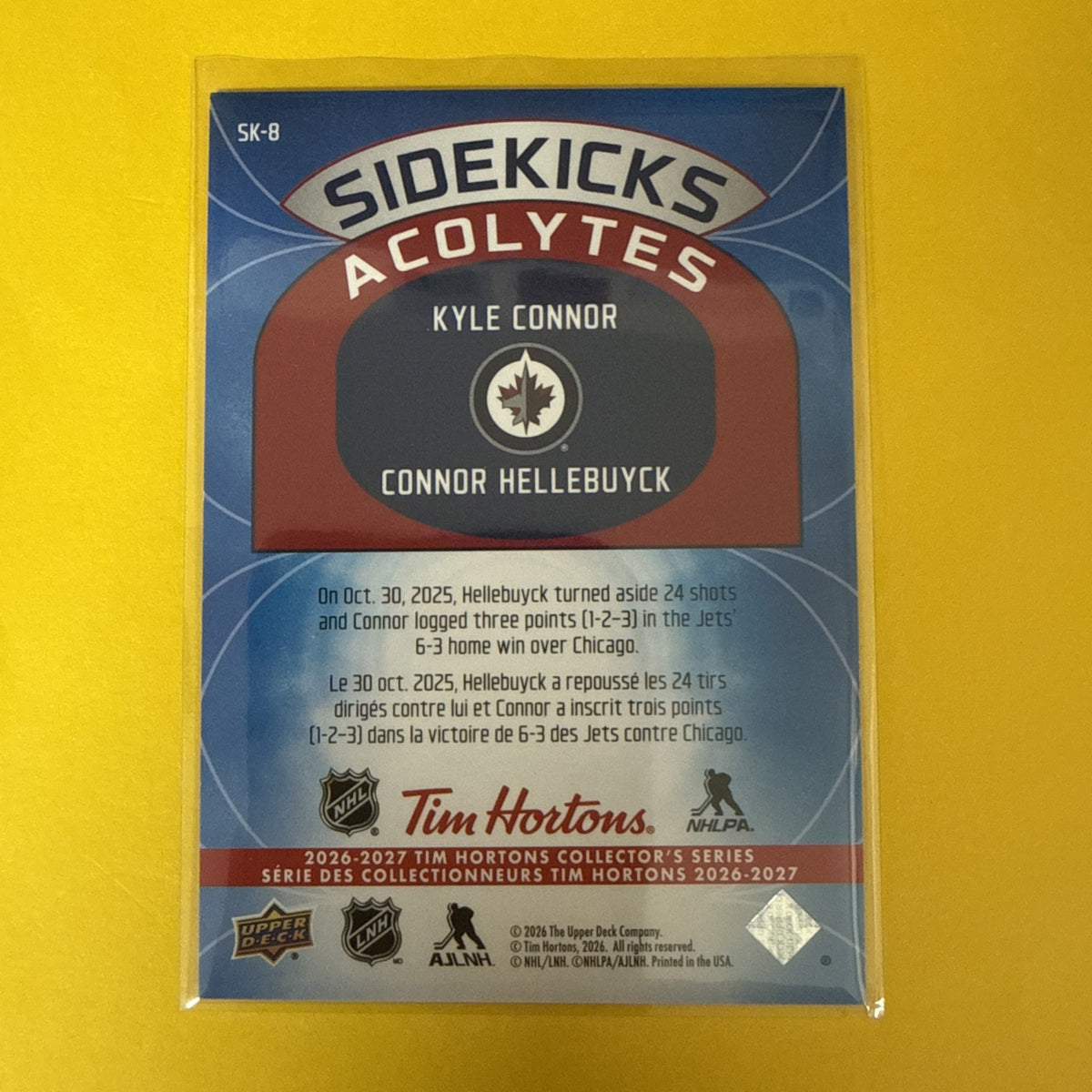 Kyle Connor/connor Hellybuyck 26/27 Tim Hortons Card Sidekicks Acolytes - back