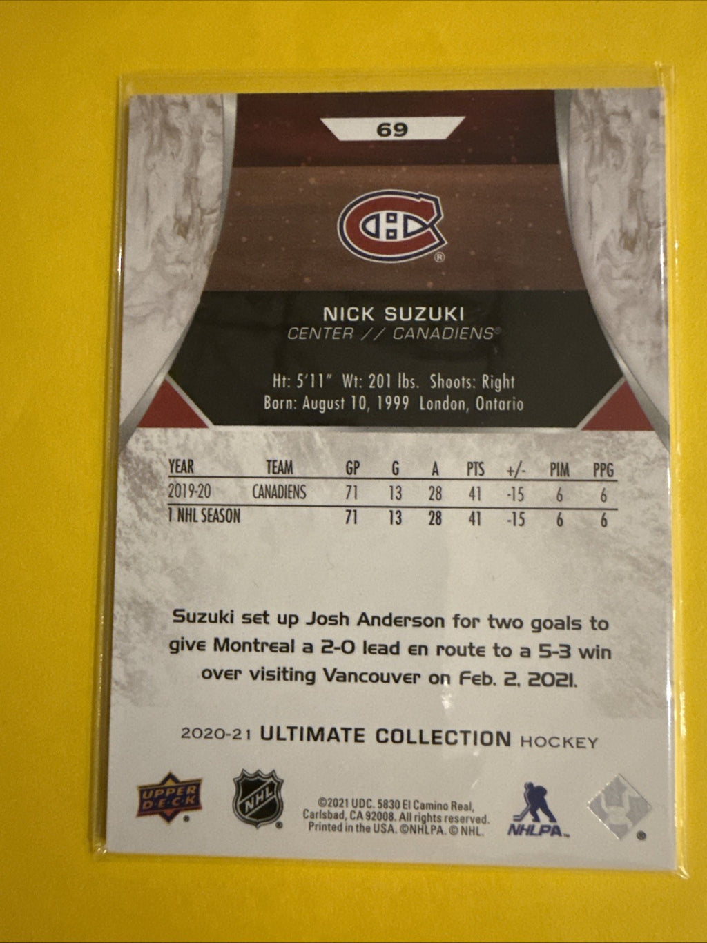 Nick Suzuki 2020/21 Ultimate Collection Card - back