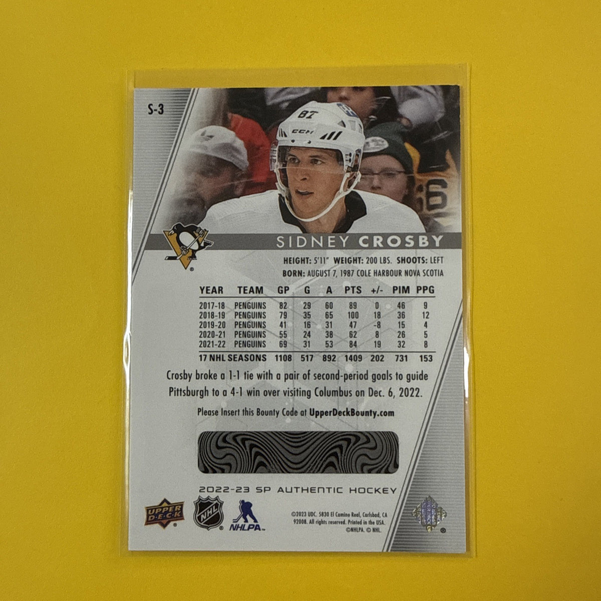 Sidney Crosby 2022/23 SP Authentic FX Spectrum Card - back