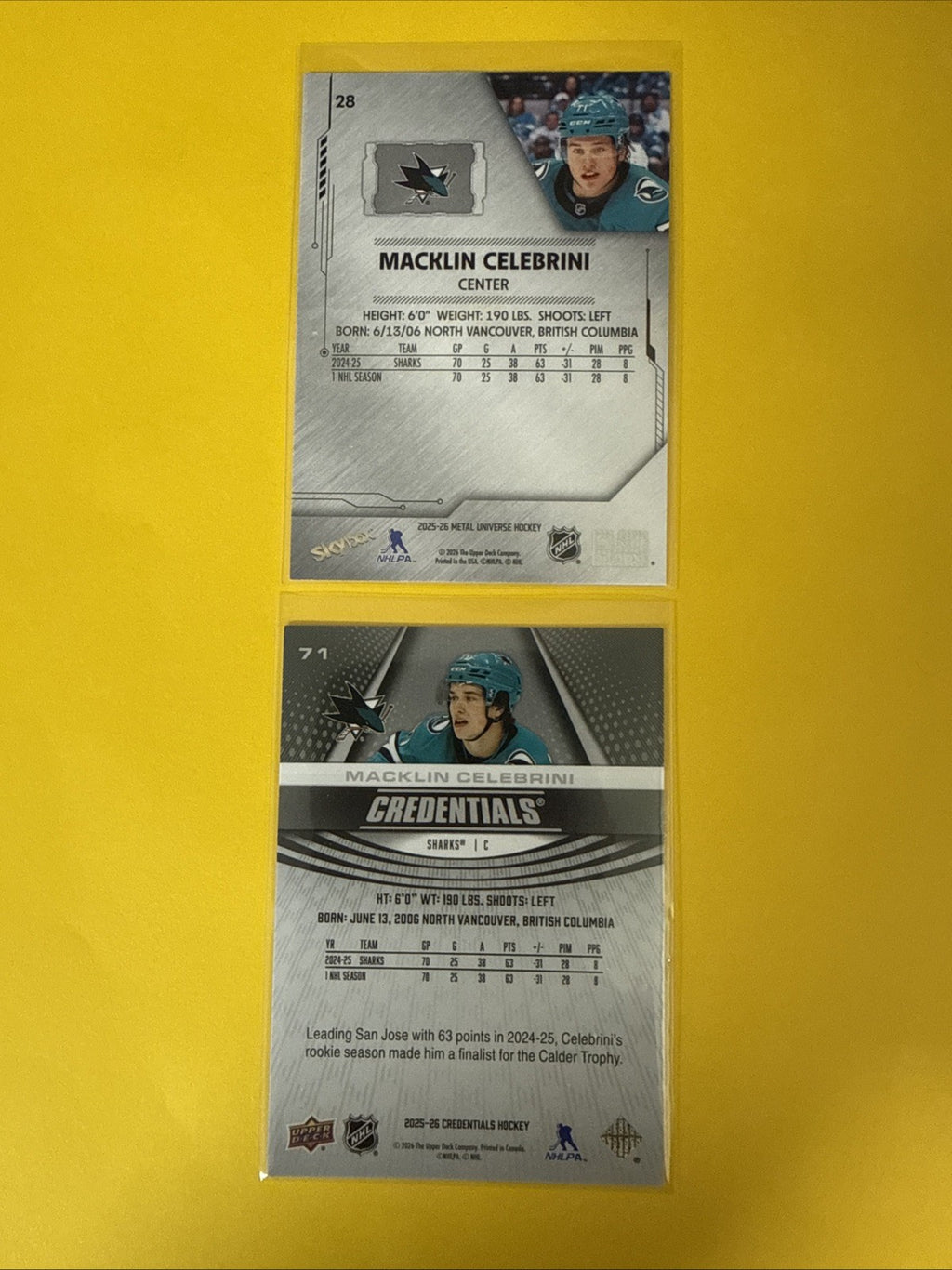Macklin Celebrini 2025/26 Skybox Metal + Credentials 2 Hockey Cards - back