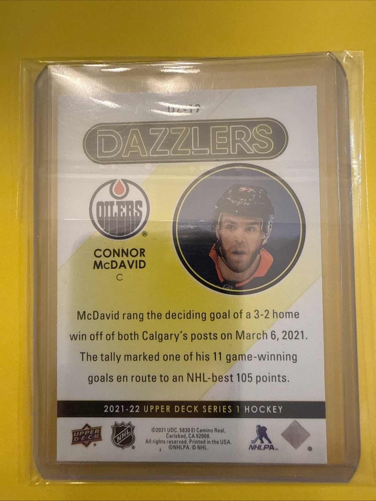 Connor McDavid 2021/22 UD Blue Dazzlers Card - back