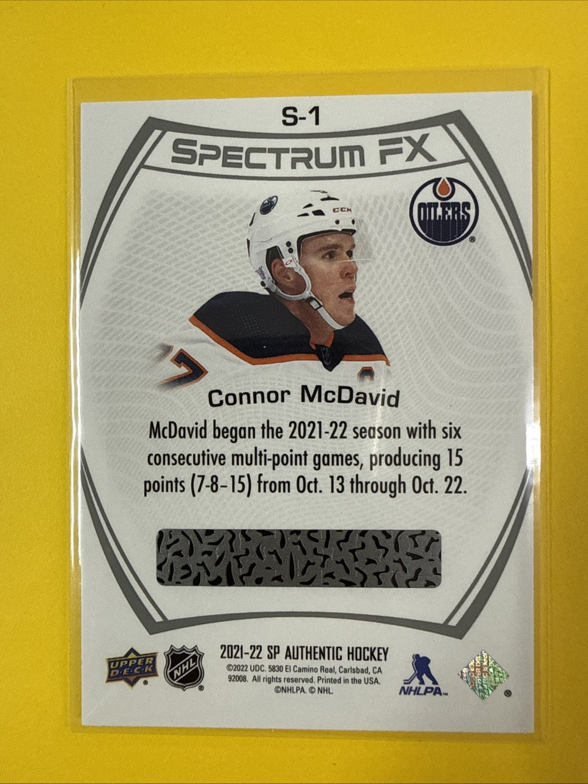 Connor McDavid 2021/22 SP Authentic Spectrum FX Card - back