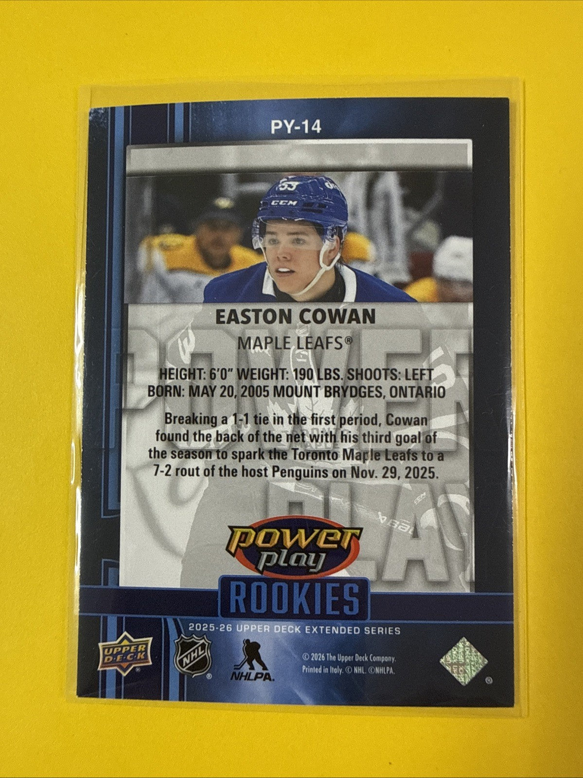 Easton Cowan 2025/26 UD Extended Series Rookie Card - back