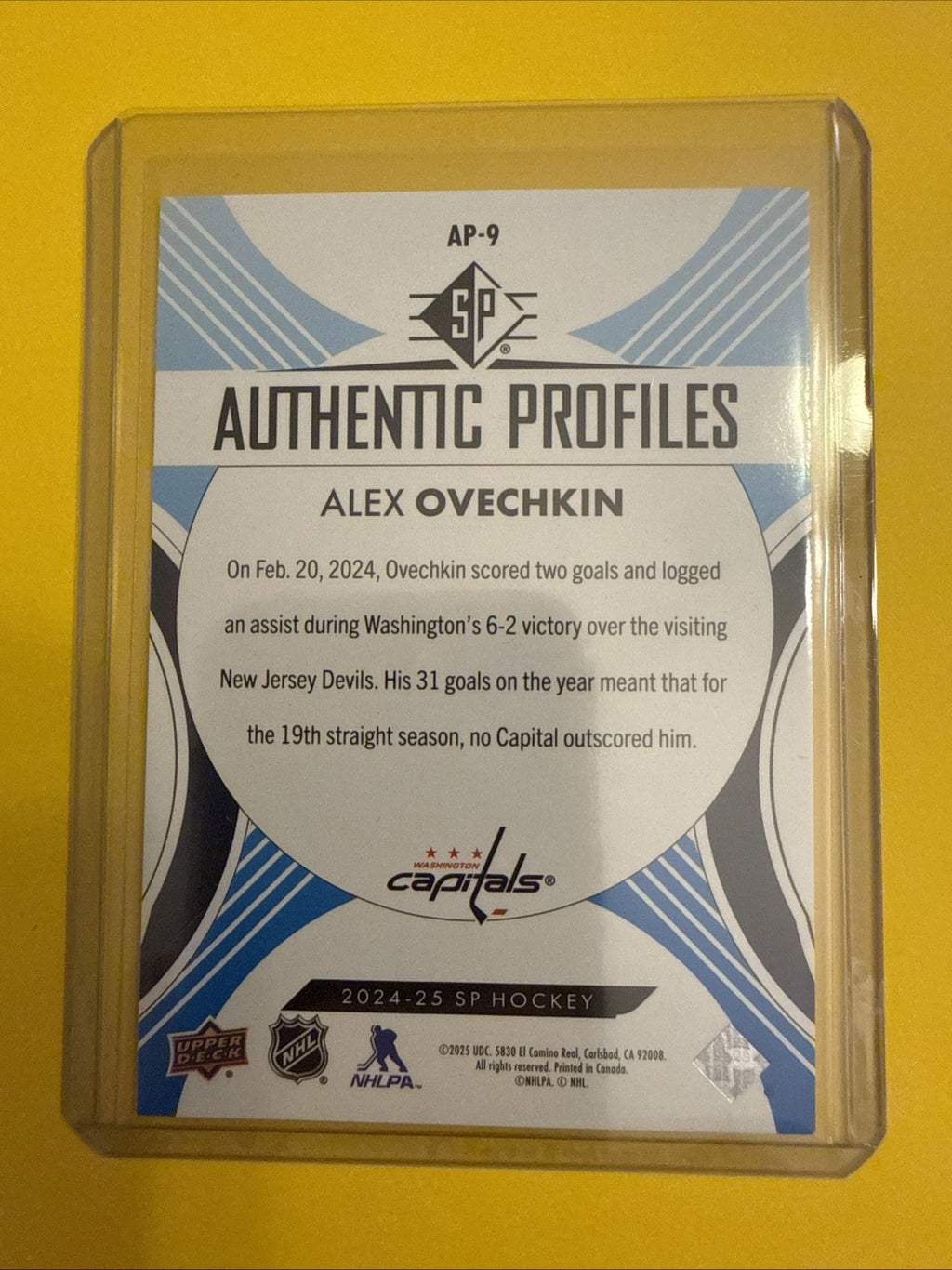 Alexander Ovechkin 2024/25 SP Authentic Profiles Card - back