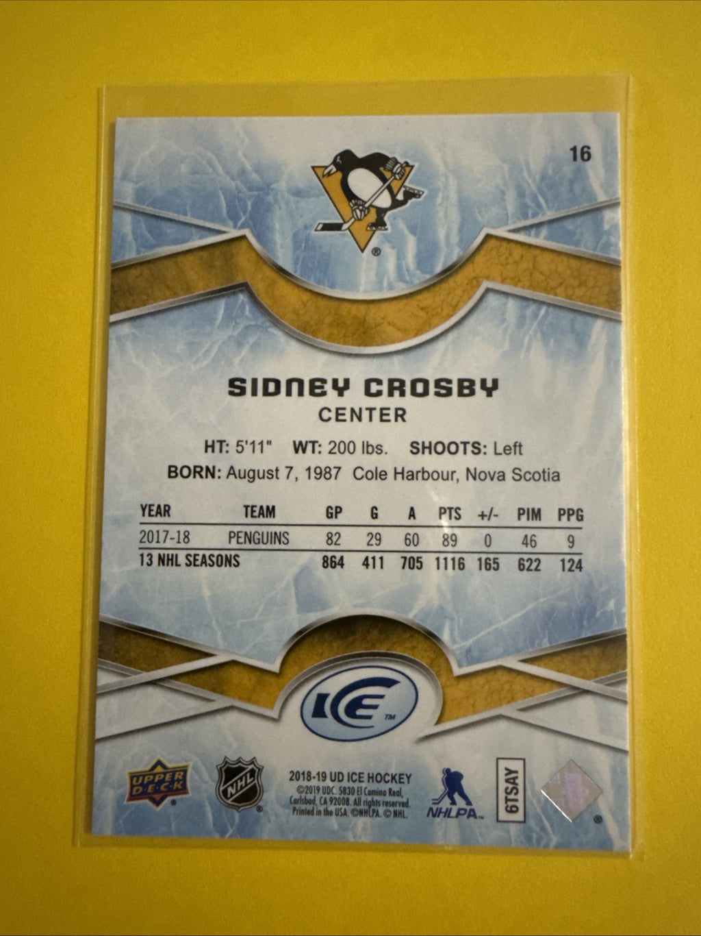 Sidney Crosby 2018/19 UD Ice Green Sparkle Card - back