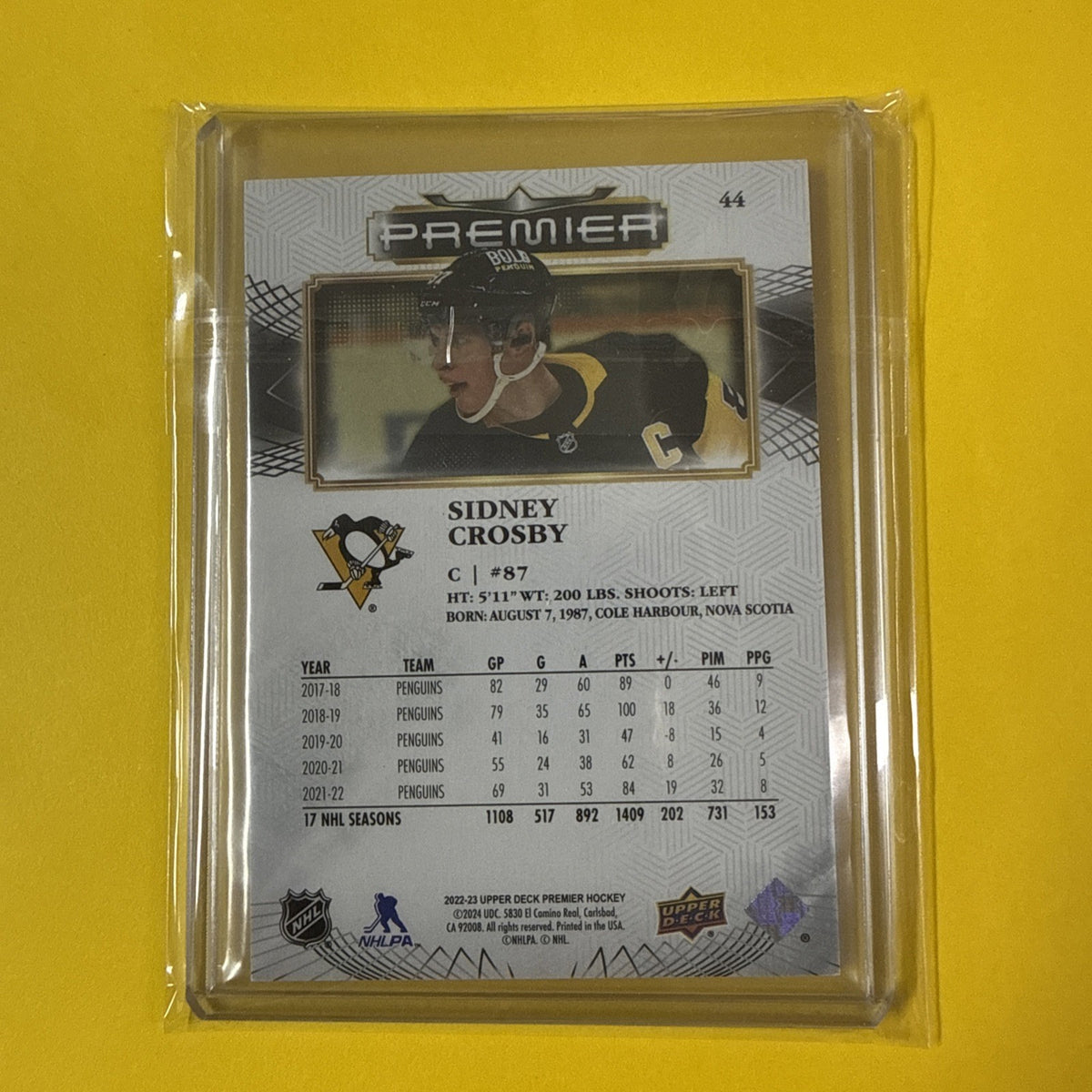 Sidney Crosby 2022/23 UD Premier Card Out of /299 - back