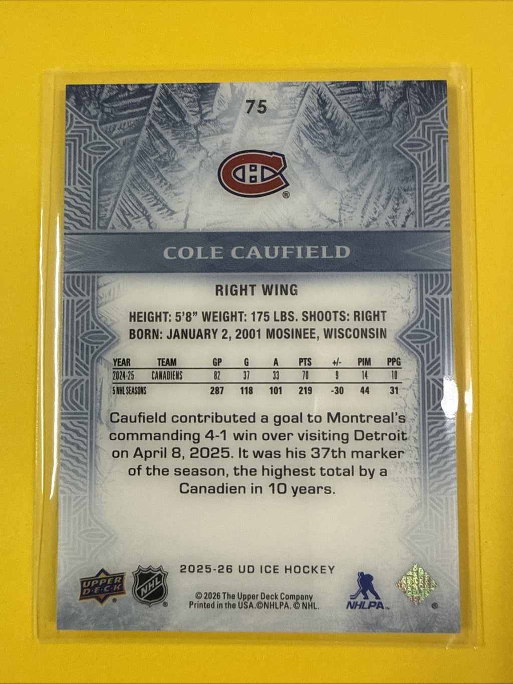 Cole Caufield 2025/26 UD Ice Card - back