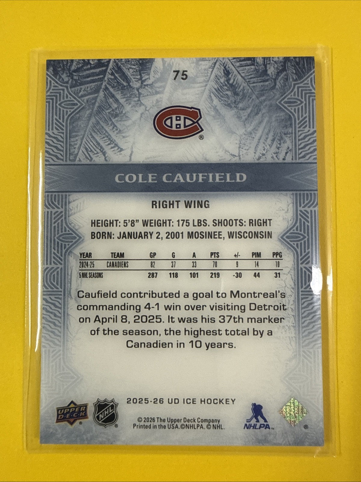 Cole Caufield 2025/26 UD Ice Card - back
