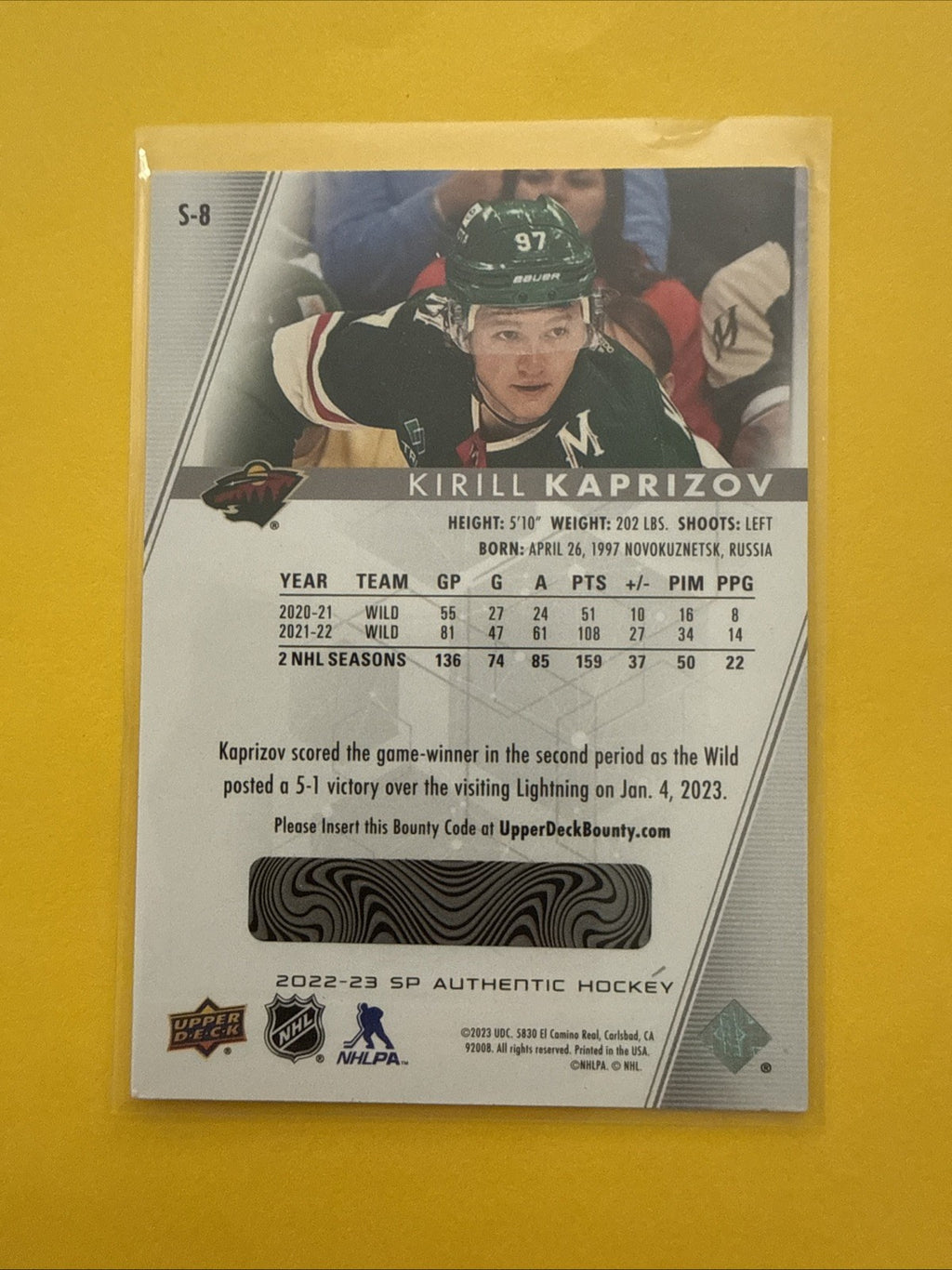 Kirill Kaprizov 2022/23 SP Authentic Spectrum FX Card - back