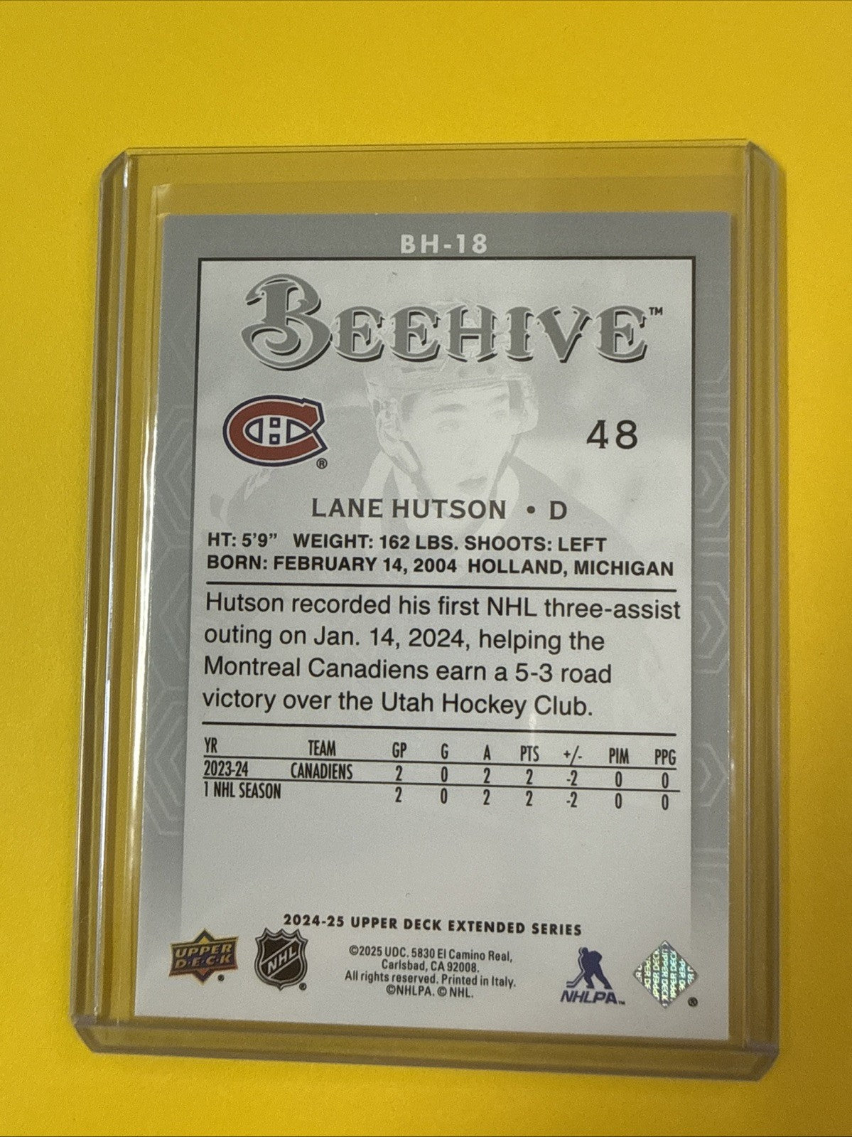 Lane Hutson 2024/25 UD Beehive Rookie Card - back