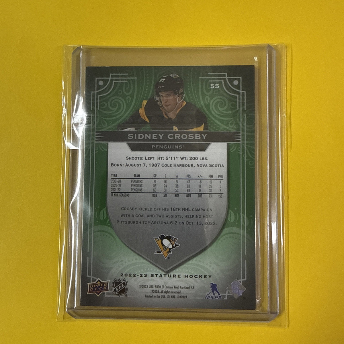 Sidney Crosby 2022/23 Stature Green Card Out of /99 - back