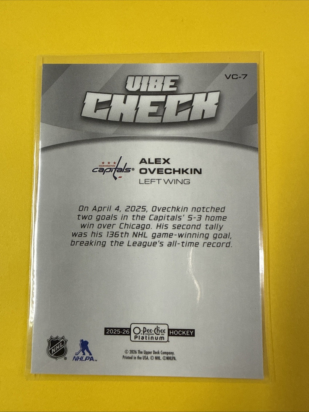 Alex Ovechkin 2025 /26 O Pee Chee Platinum Vibe Check Card - back
