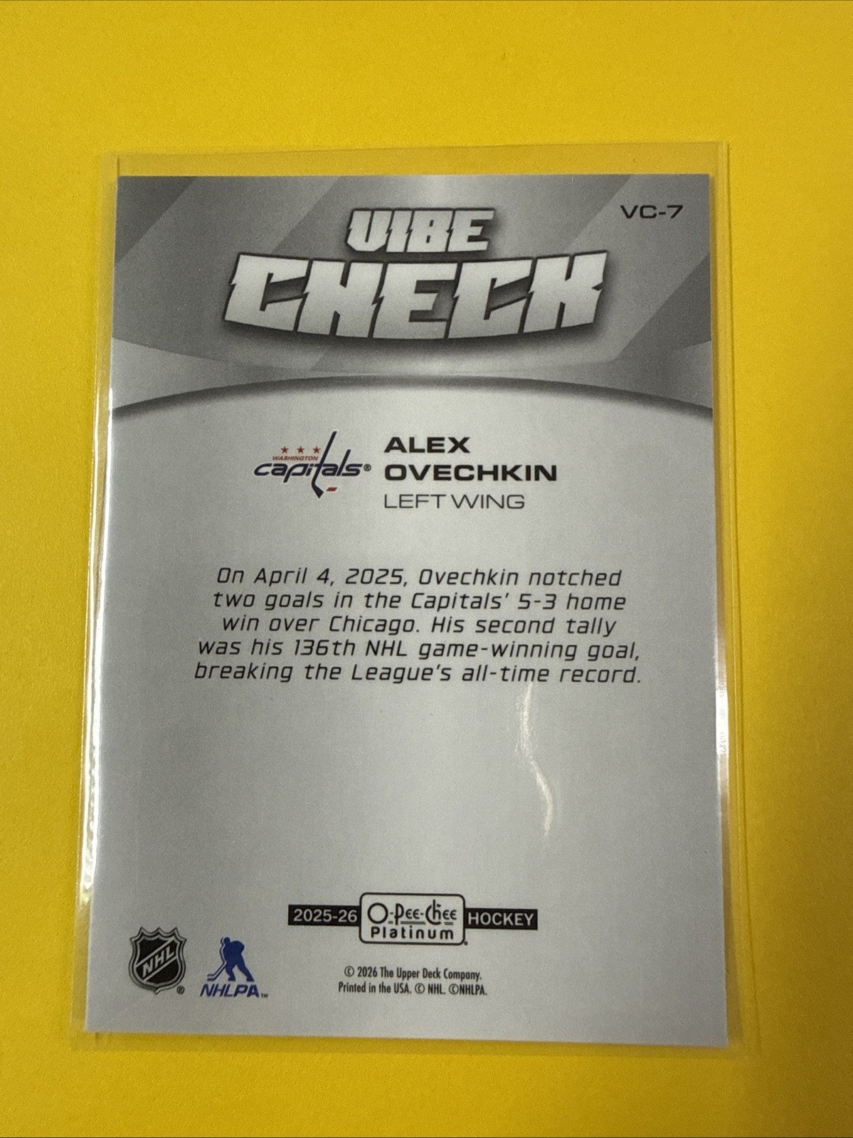 Alex Ovechkin 2025 /26 O Pee Chee Platinum Vibe Check Card - back