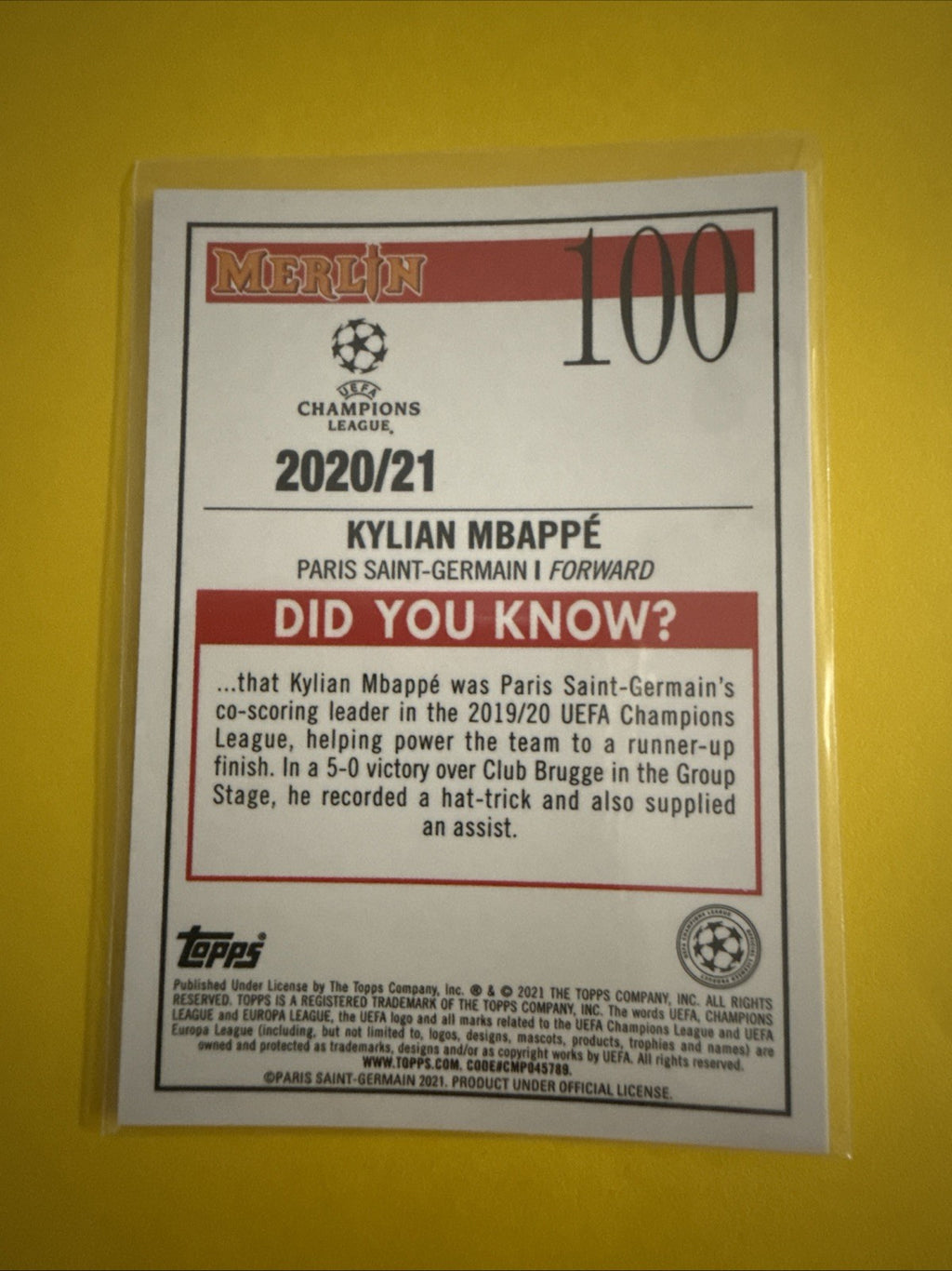 Kylian Mbappé 2021 Topps Chrome Merlin Soccer Card - back