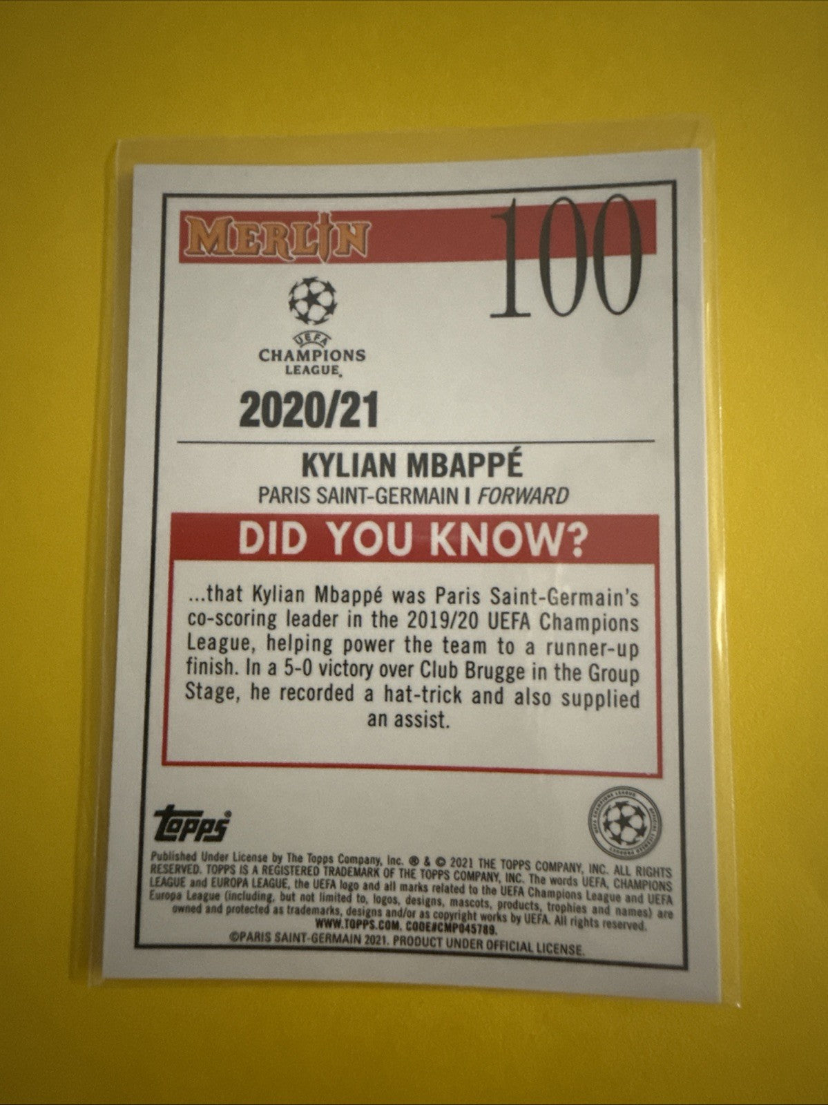 Kylian Mbappé 2021 Topps Chrome Merlin Soccer Card - back
