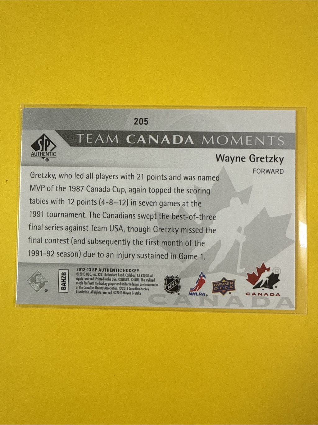 Wayne Gretzky 2012-13 SP Authentic Team Canada Card - back