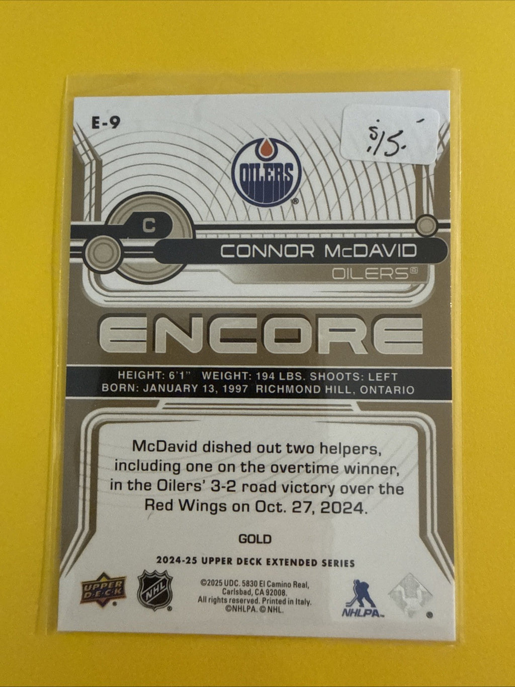 Connor McDavid 2024/25 UD Encore Gold Card - back