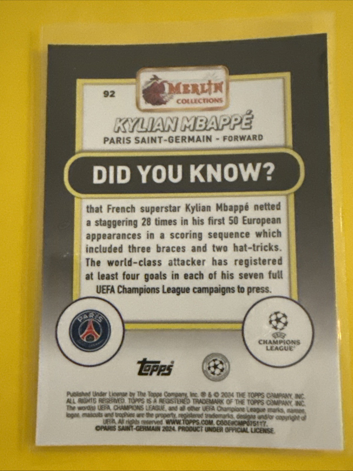 Kylian Mbappé 2024 Topps Finest Merlin Chrome Soccer Card - back