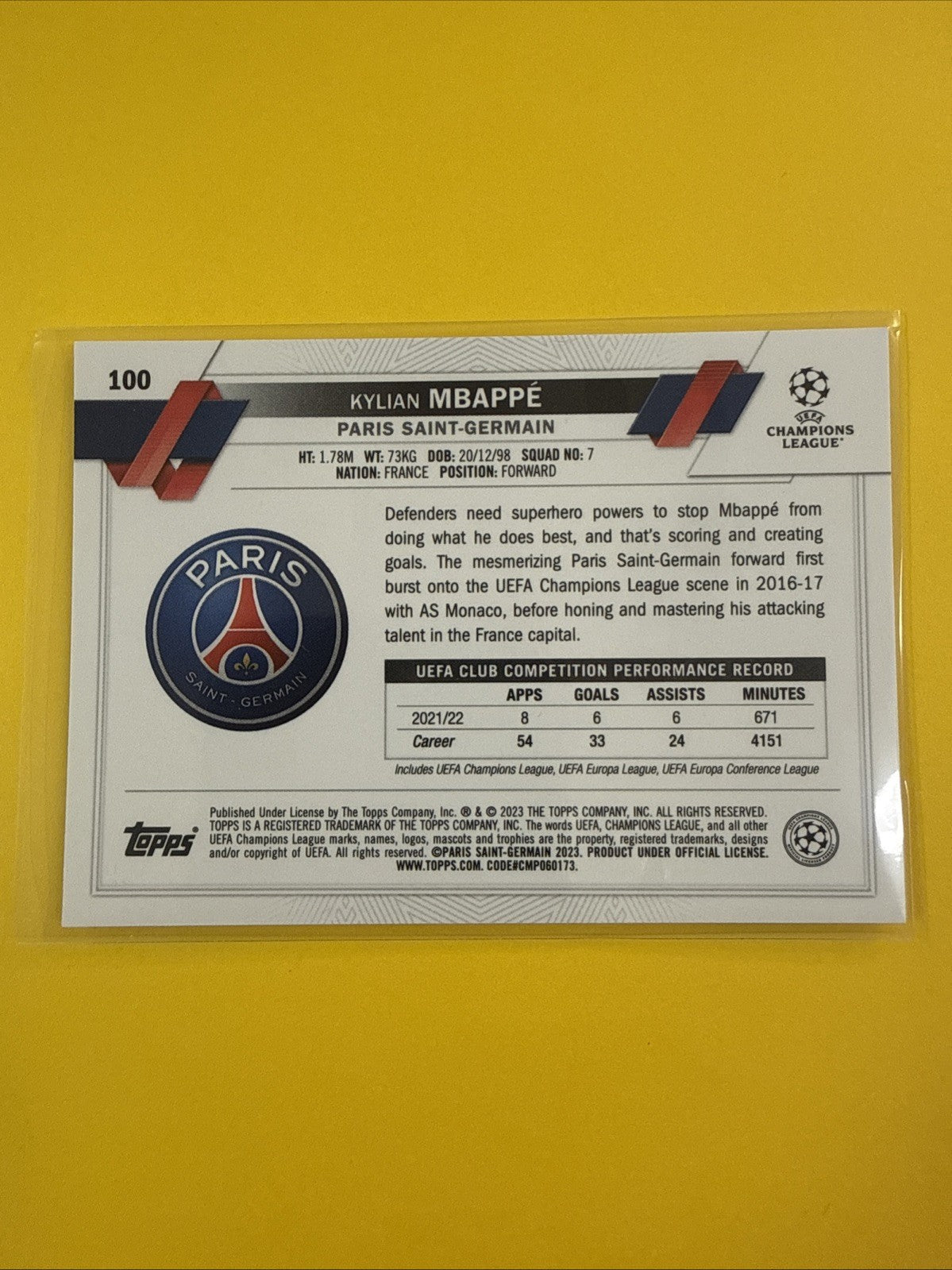 Kylian Mbappé 2022/23 Topps Chrome Paris Saint- Germain Soccer Card - back